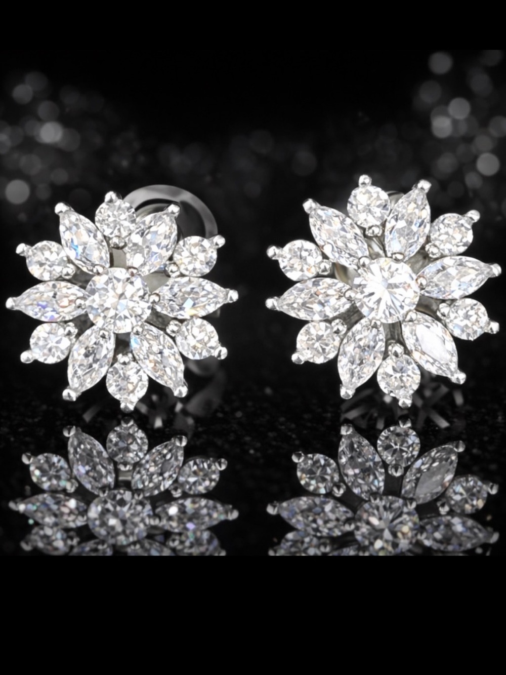 Marquise Round Cut Cz Diamond floral Silver Flower Cluster ladies Stud Earrings